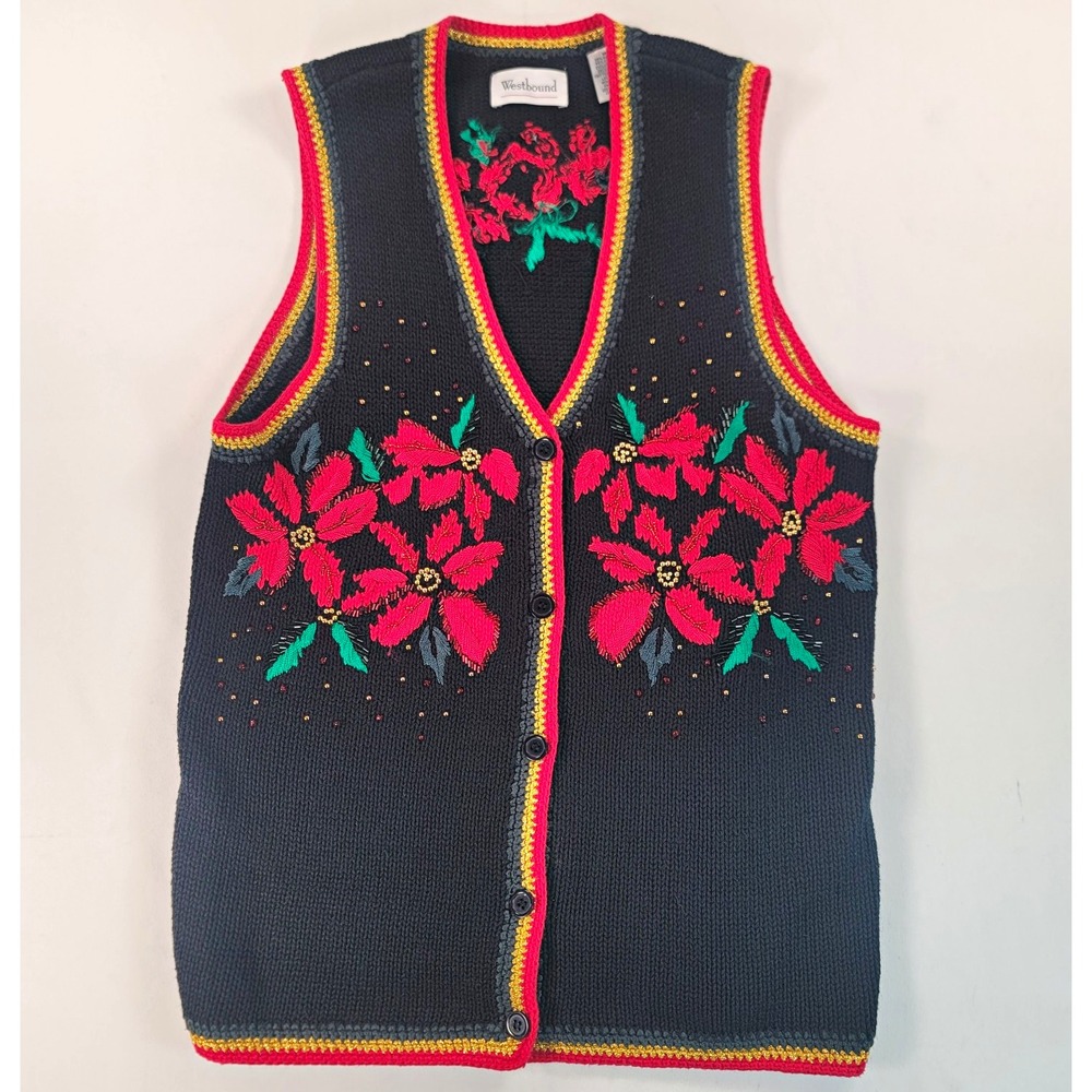 Vintage Westbound Christmas Sweater Vest M Poinsettia Beaded Embroidered 90s